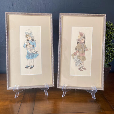 Vintage VICTORIAN LITTLE GIRLS Custom Framed Matted Art Print PAIR 16