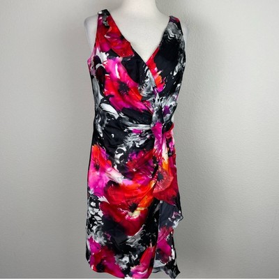 Carmen Marc Valvo Black Pink Red Silk Ruffle Sheath Dress 10