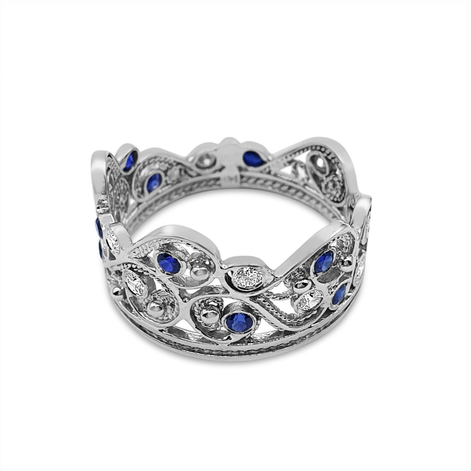 Pre-owned Handmade Deluxe 14k White Gold Blue Sapphire Lavender Stone Filigree Crown Ring