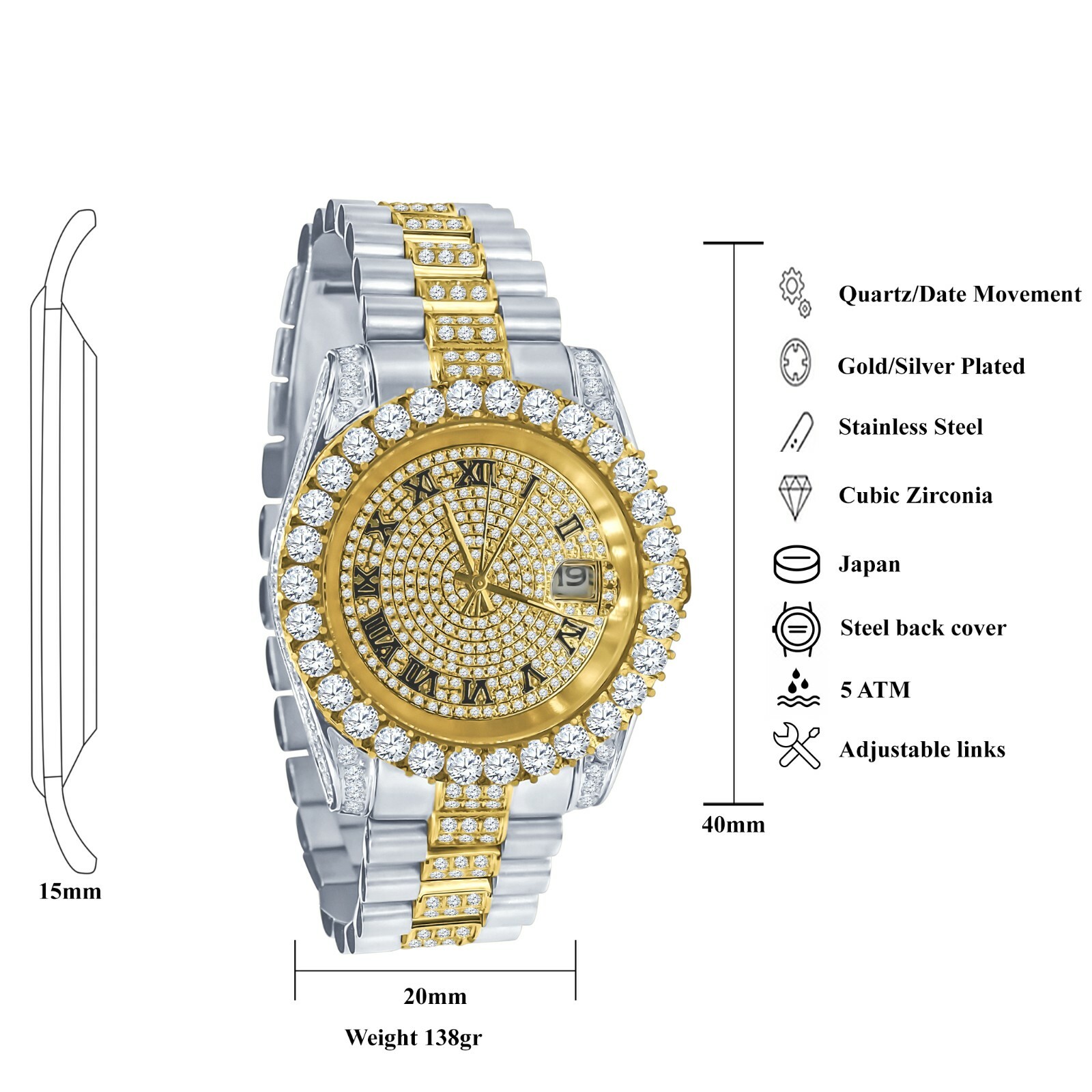 Pre-owned Blingmaster Men's Yellow Gold Tone Stainless Steel Presidential Watch 41mm Simulated Diamond