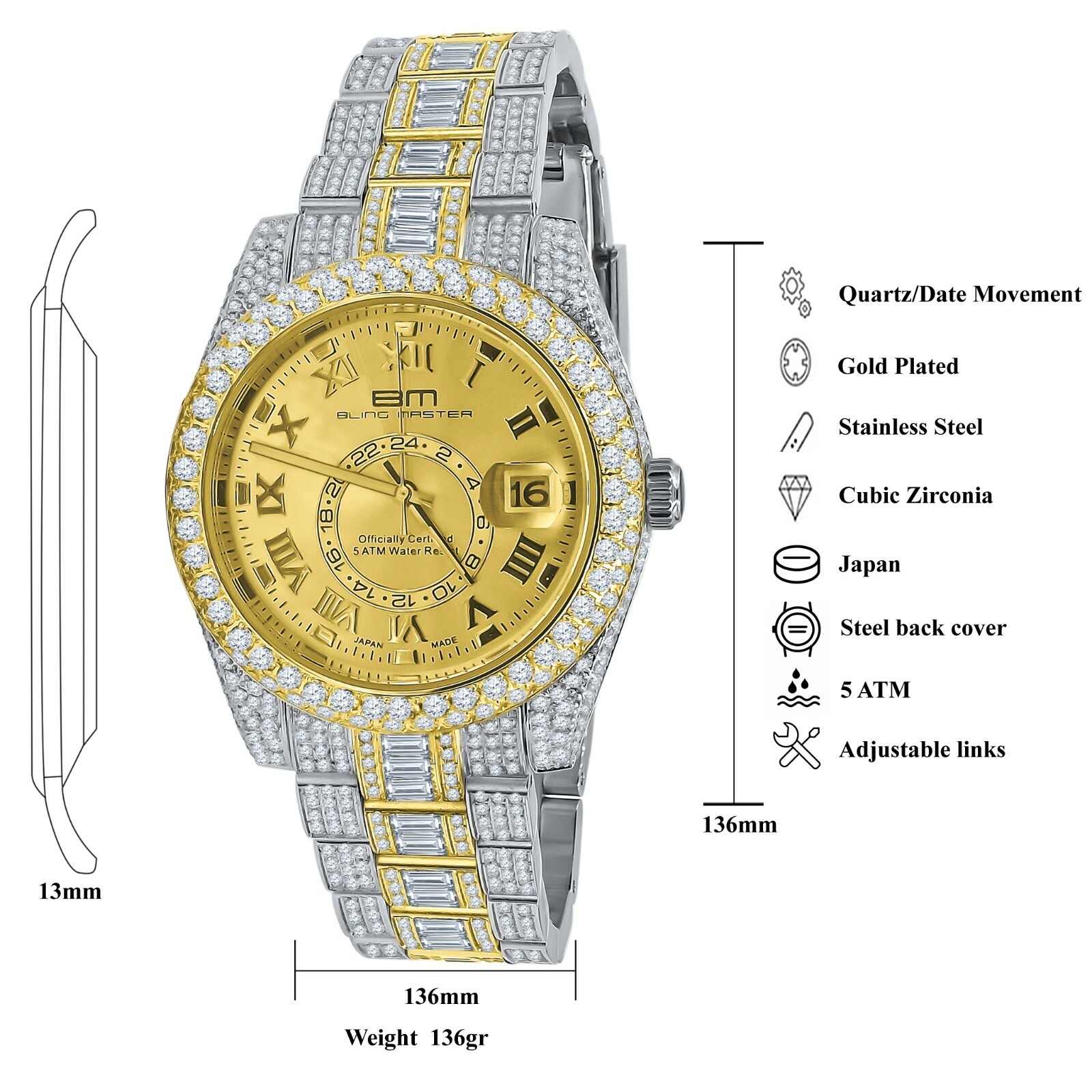 Pre-owned Bling Master 2 Tone Gold Tone Finish Full Stainless Steel Simulated Diamond Mens Watch W/date
