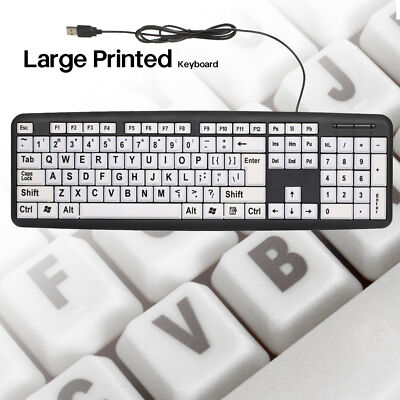 Large Print Keyboard USB Wired Keyboard White Keys Black Letters Keyboard O9B3