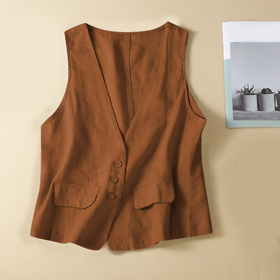 Women's Summer V-Neck Solid Sleeveless Tank Top Cotton Linen Outerwear Vest Coat