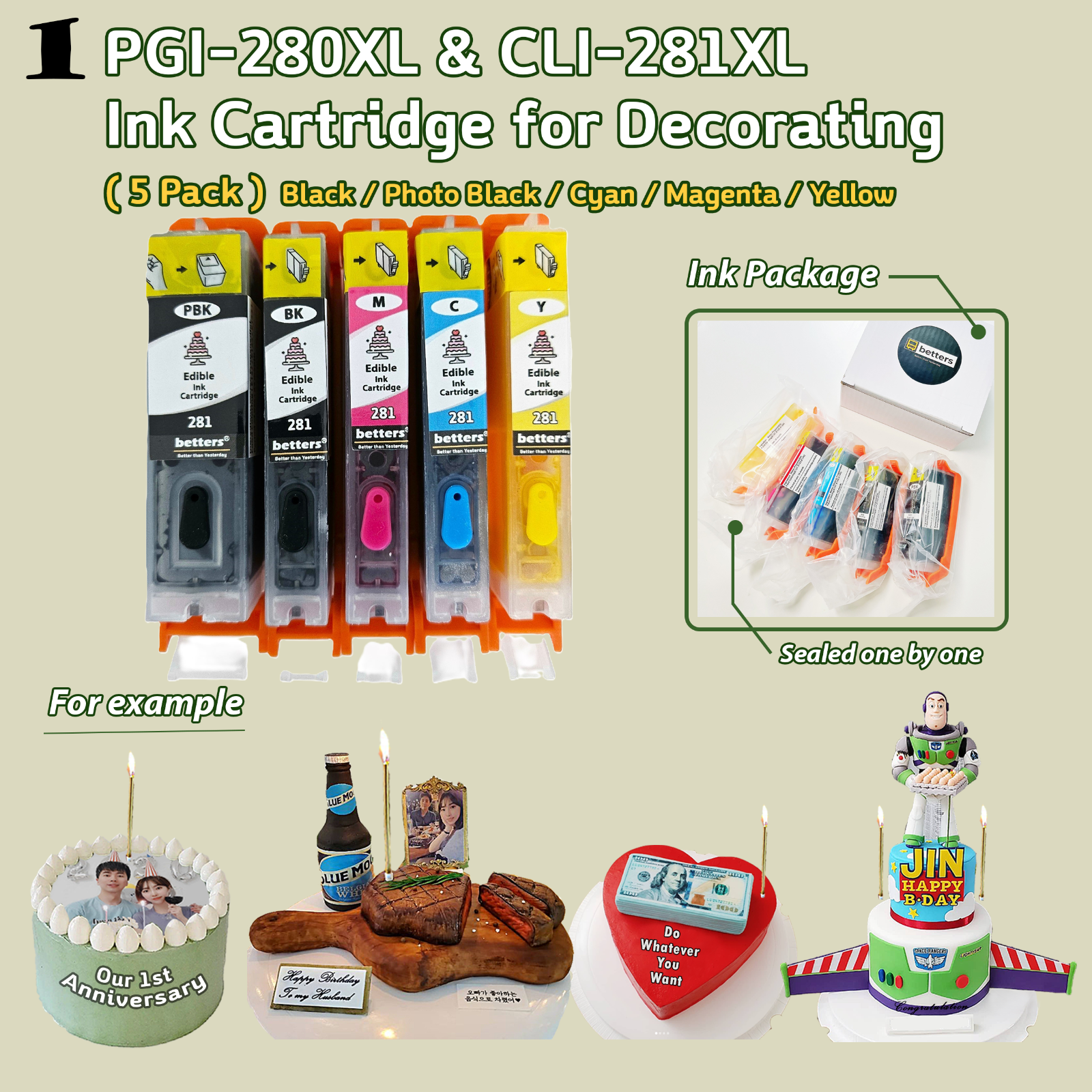 EDIBLE Ink PGI-280XL / CLI-281XL, CAKE ink cartridges  for Canon Pixma  (5-pack)