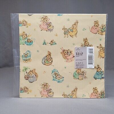 Vintage Hallmark Gift Wrap Wrapping Paper 2 Sheets Baby Squirrel Mice Rabbit NOS
