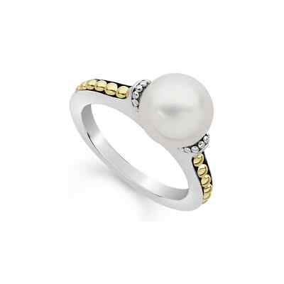  $425 LAGOS LUNA COLLECTION Two-Tone PEARL SOLITAIRE COCKTAIL Ring Size 7