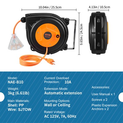 VEVOR Retractable Extension Cord Reel 30 FT 16AWG/3C SJTOW Power Cord ETL Listed