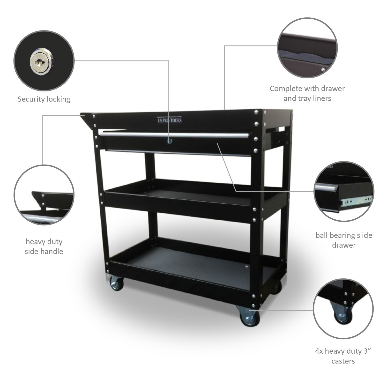 US PRO TOOLS STEEL WORK BENCH TOOL CART TROLLEY WORKSTAION BOX 3 TIERS