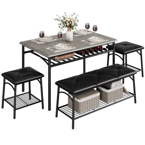 Dining Set Table with Wine Rack and 2 Upholstered Stools Bench for Small Kitchen