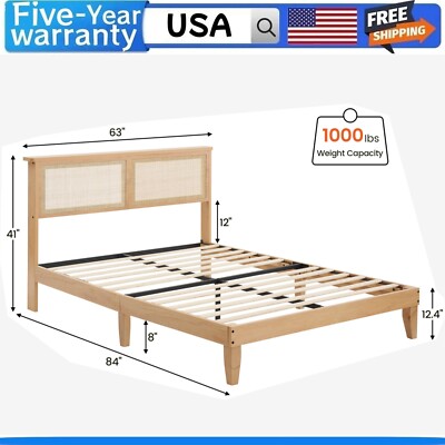 Queen Size Bed Frame with Natural Rattan Storage Headboard Platform Bed Frame 