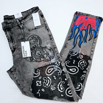 Rue 21 Premium Men's Jeans Gray Design Patch Distressed Skinny Fit Denim Jean