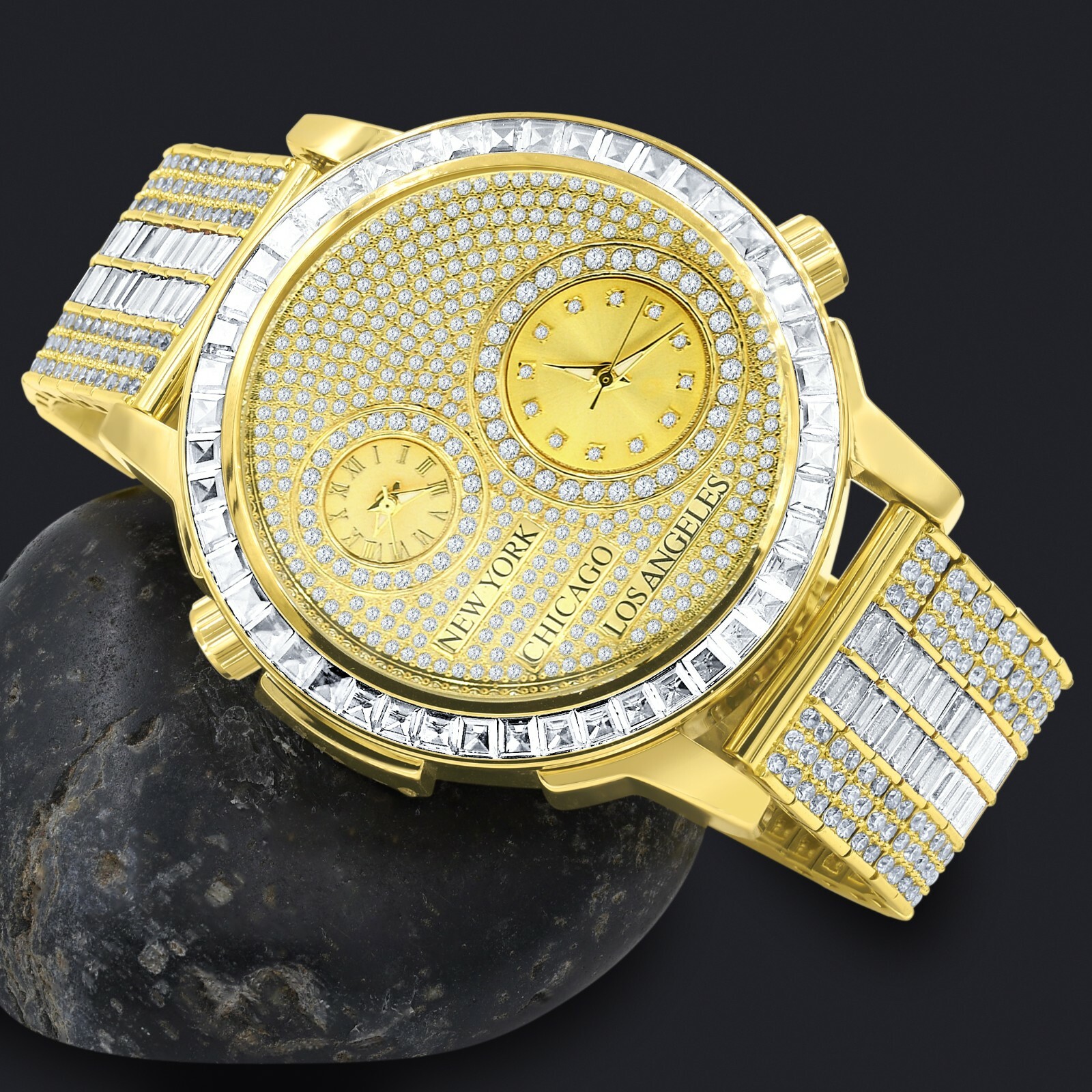 Pre-owned Ice Master Men's Genuine Diamond Gold Tone 2 Time Zone Chronograph Baguette Dial Band Watch