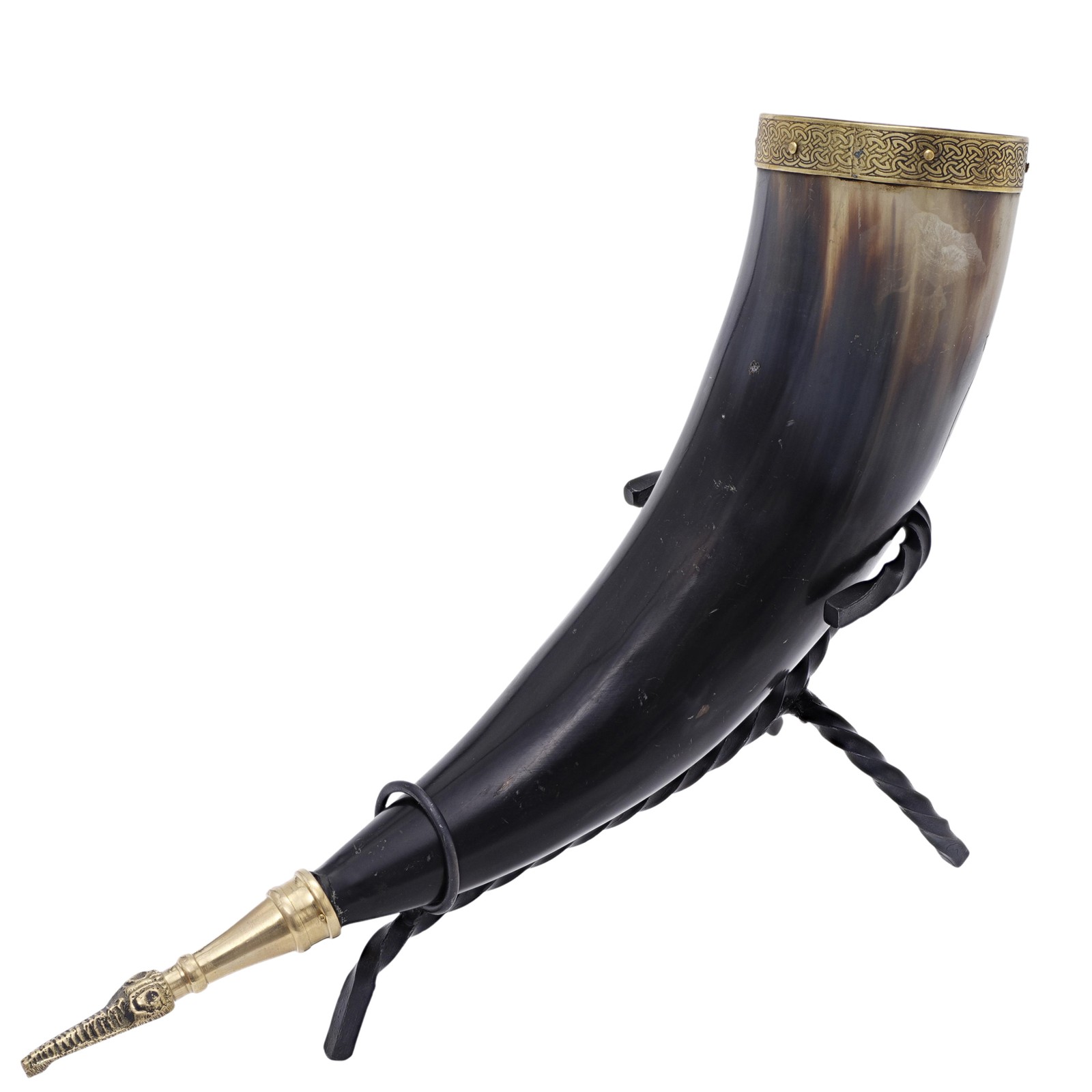 Jormungandr Viking Drinking Horn with Brass Tip & Hand-Forged Stand