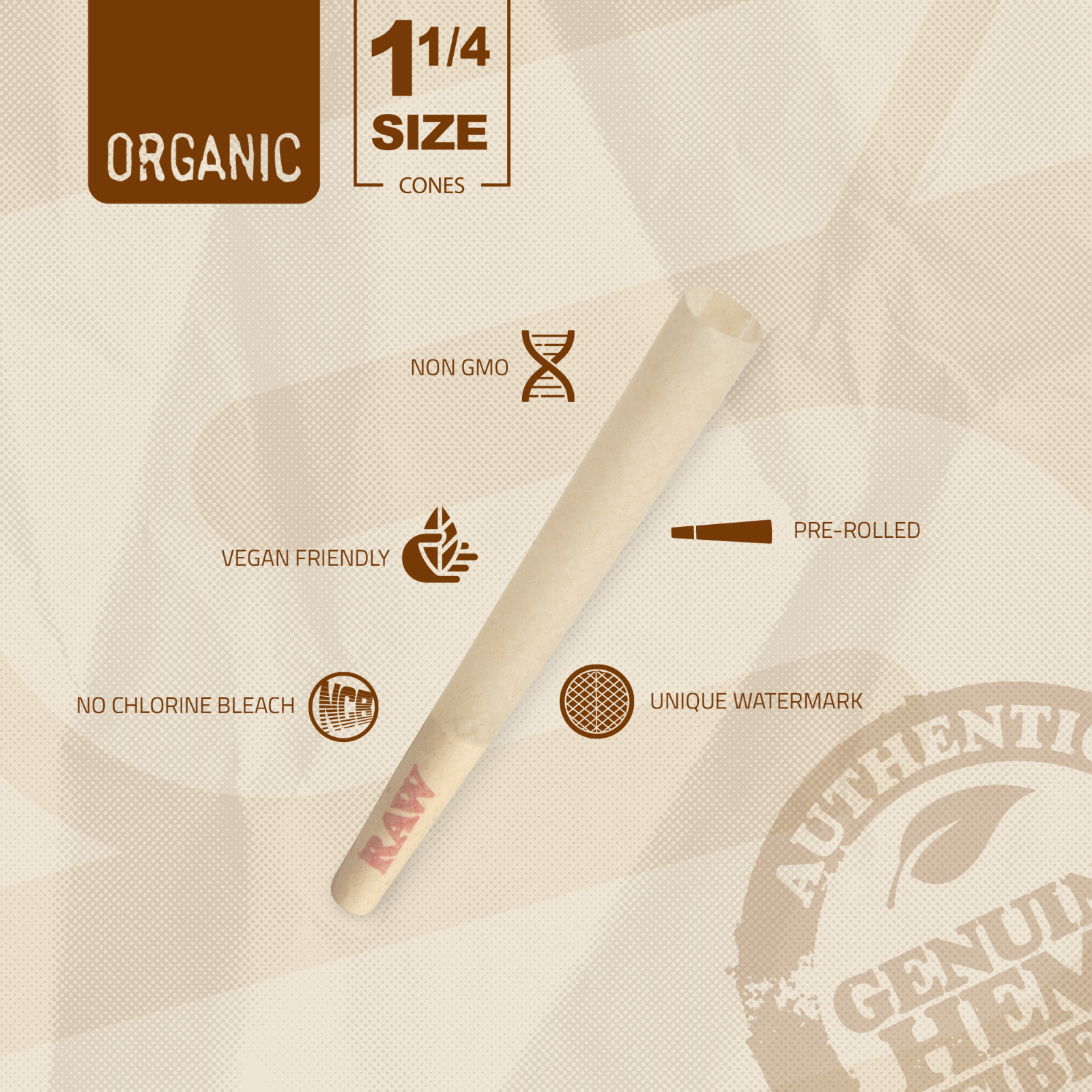 RAW Organic 1 1/4 Size Pre-Rolled Cones | 100 Pack | Slow Burning Papers