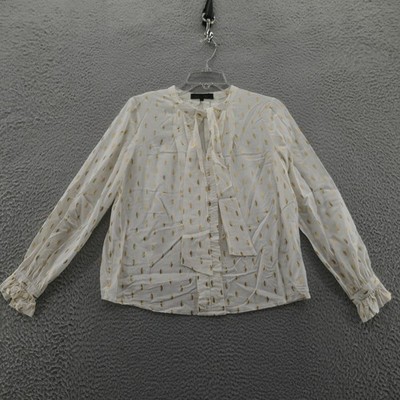 Monarc Anthropologie Gold Foil Print Blouse Top XS White Womens Ruffle