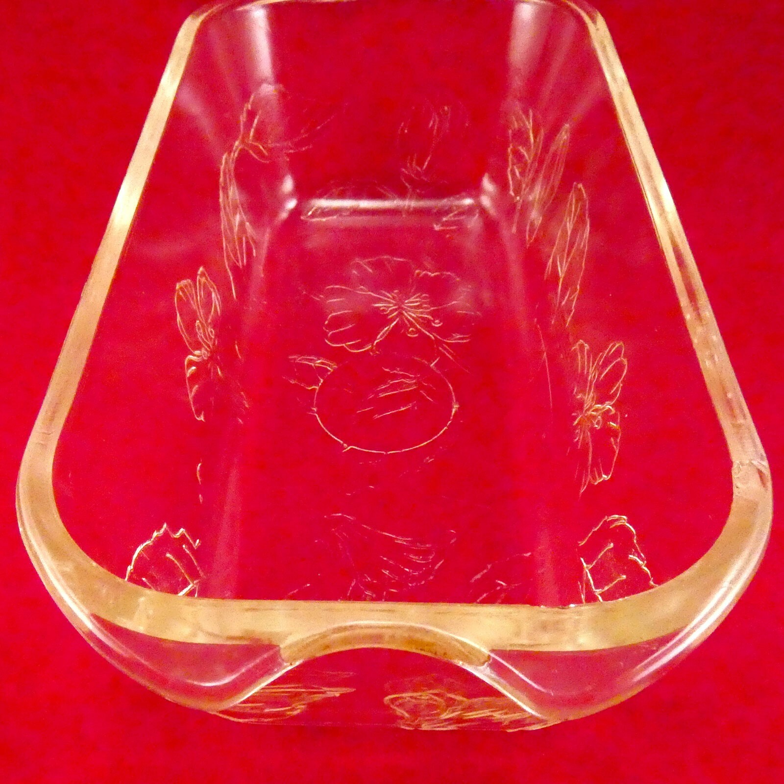 Floral Embossed Clear Glass Vintage Loaf Pan w/ Scalloped Handles & Matching Lid