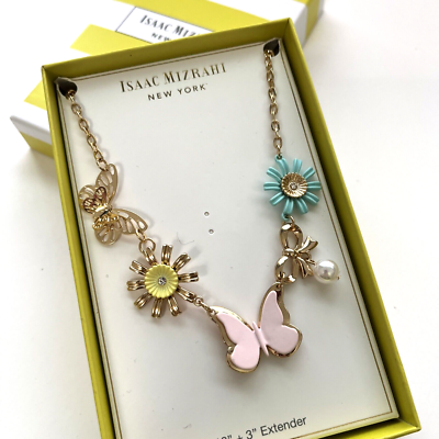 New in Box ISAAC MIZRAHI Necklace Butterflies Flowers Bow Faux