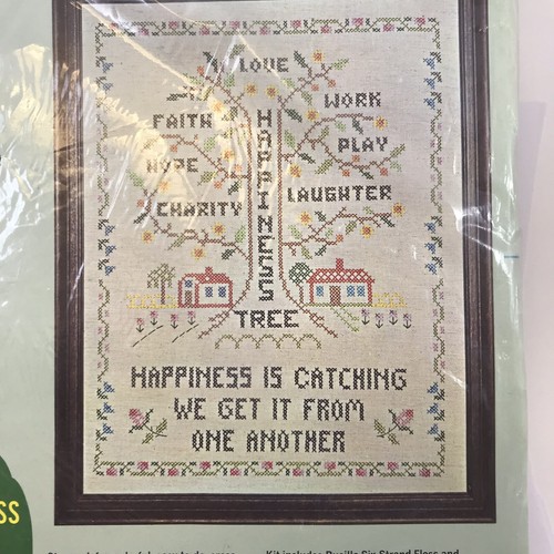 Happiness Tree Sampler Vintage Bucilla Cross Stitch Kit 16x20 Linen Blend 2696