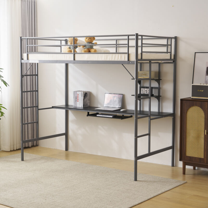Heavy-duty Twin Metal Loft Bed Frame With Desk And 2 Shelf 2 Ladders For Teens