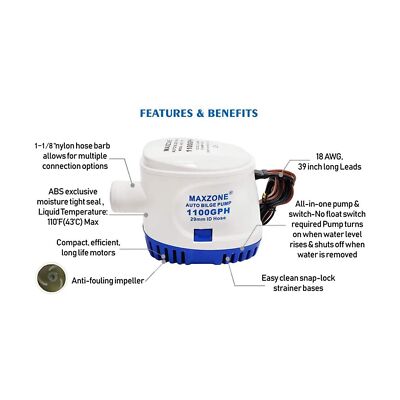 MAXZONE Automatic Submersible Boat Bilge Water Pump 12v 1100gph Auto with Flo...