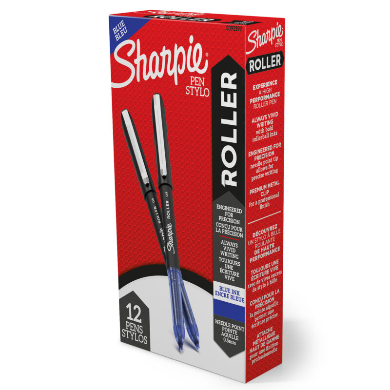 Sharpie Roller Pens, Ultra Fine Point, 0.5 mm, Blue Ink, Pack Of 12 Pens