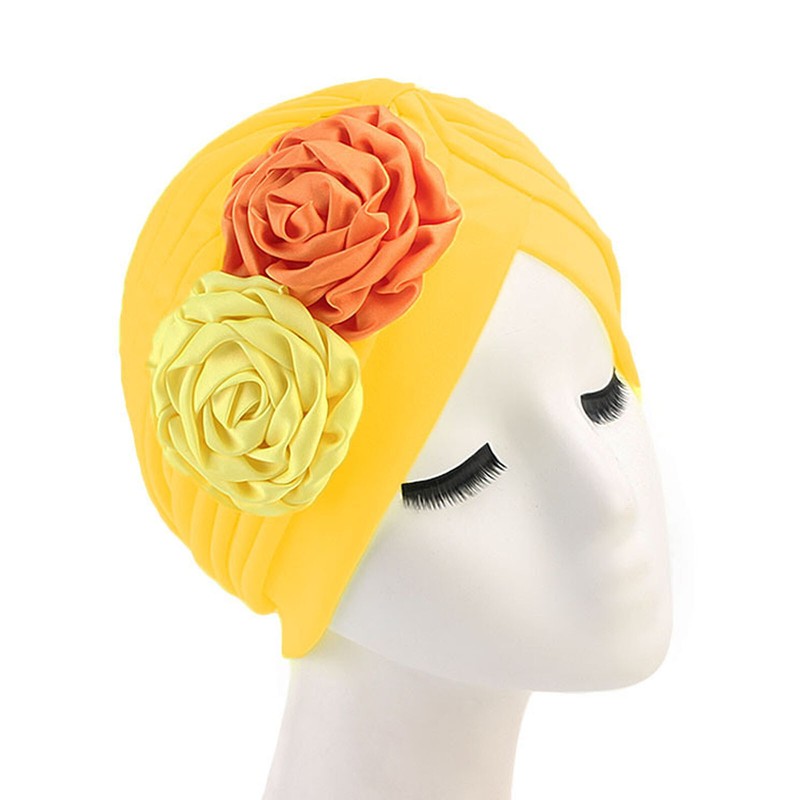 Women Turban Flower Caps Vintage Beanie Headscarf Elastic Headwrap Hat Headwear