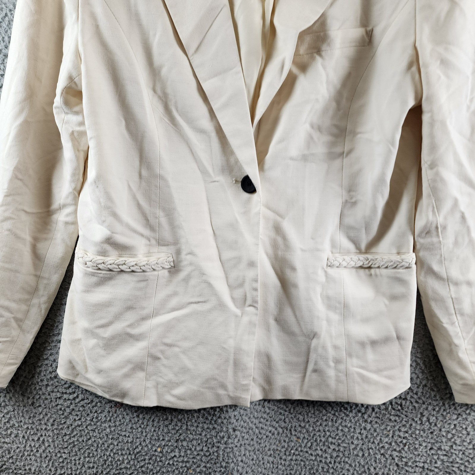 T Tahari Single Button Blazer Women's 12 Toasted Beige Braided Welt Pockets L/S - Picture 3 of 17