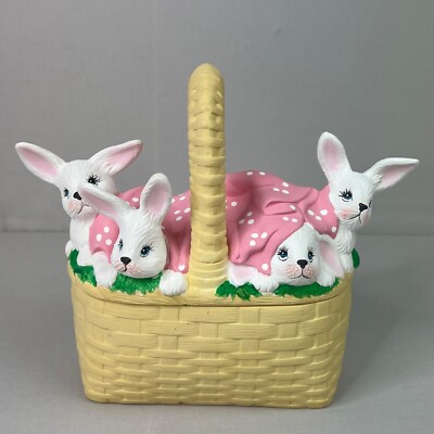 Easter Bunny Ceramic Basket Candy Dish Rabbits on Lid Hand Painted Matte
