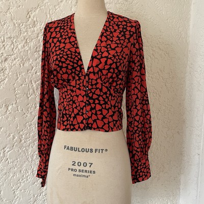 Realization Par 100% Silk Kaia Top, Size XS, Red + Black Heart Print Blouse