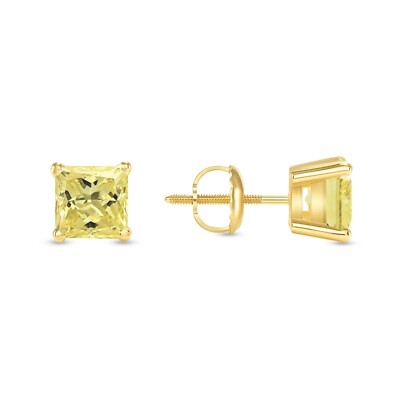 Pre-owned Shine Brite With A Diamond 1 Ct Princess Cut Canary Earrings Studs Solid 18k Yellow Gold Screw Back Basket