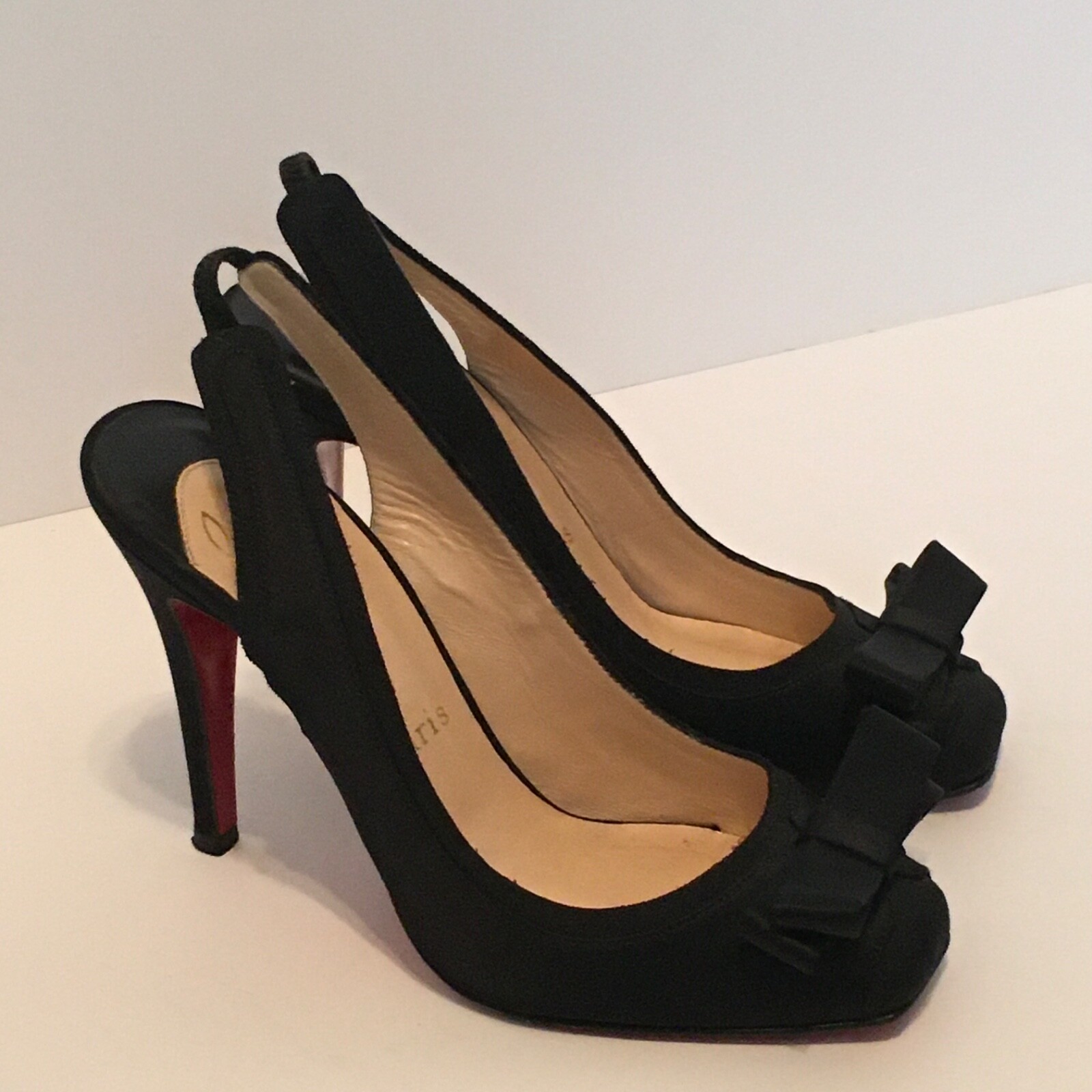 Christian Louboutin Size 35 US 5 Black Satin Bow Sling Back