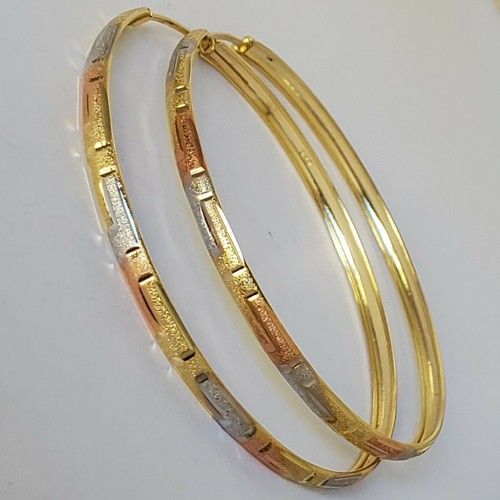 Pre-owned Rosegold Big Real 14k Yellow White Rose Gold Round Greek Key Hoop Earrings 2.25 Inch Long