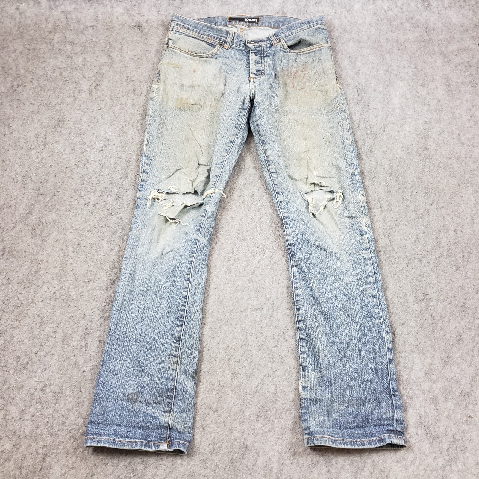 Mens 30x30 Blue Krew Slim Medium Wash Skate Skater Denim Distressed *