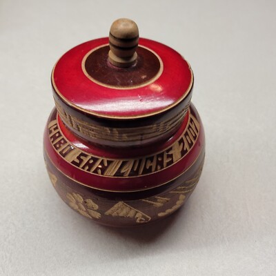 Vintage Hand Carved Etched Wood Round Red Lacquered Trinket Box
