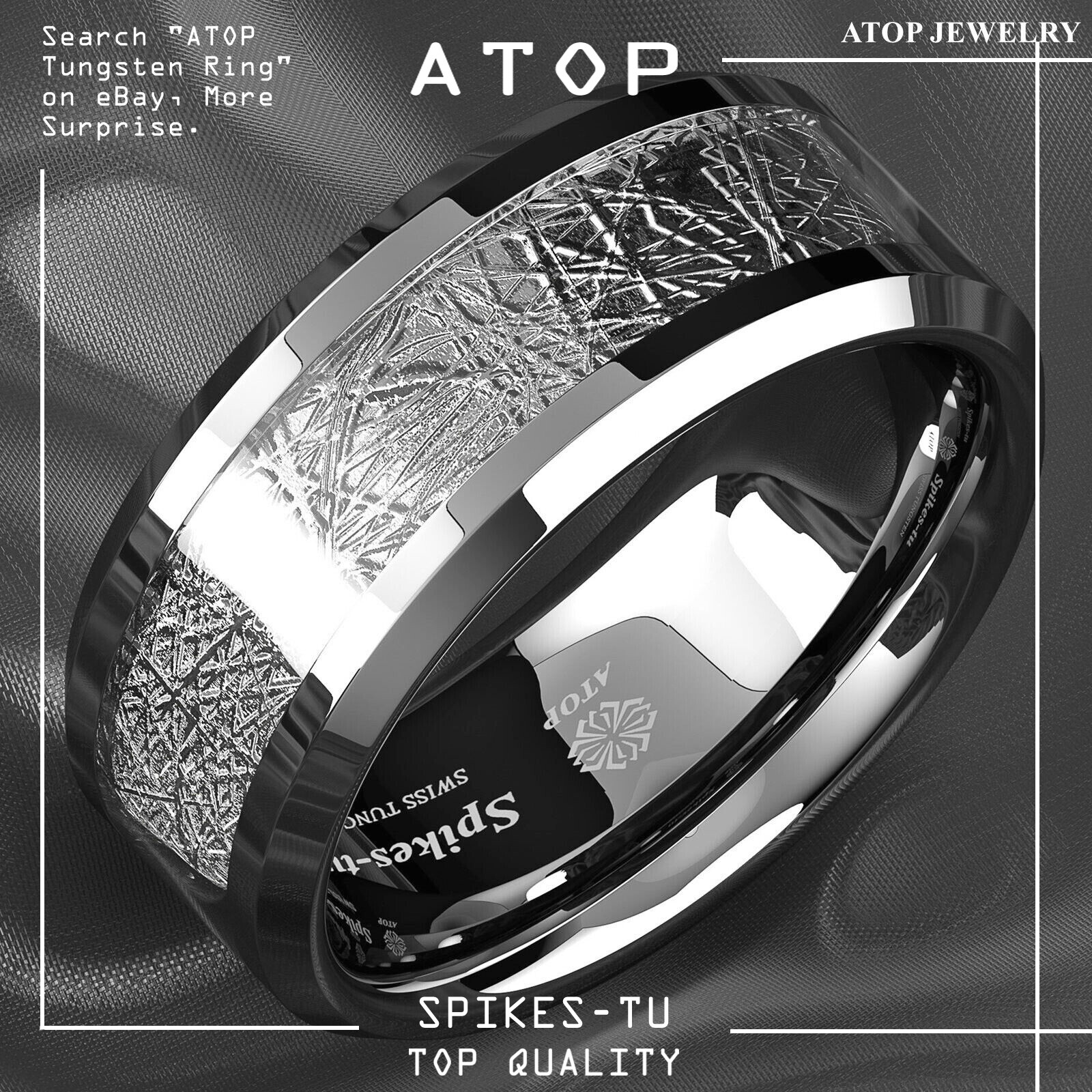 8mm Silver Tungsten Carbide Ring Sterling Silver Inlay Wedding Band ATOP jewelry