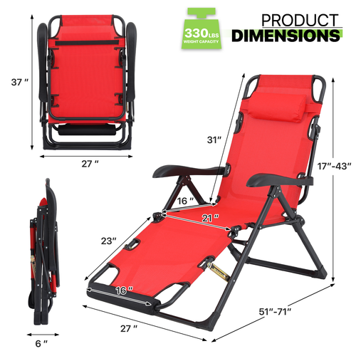 Red Zero Gravity Chair Adjustable Folding Patio Lounge Chair Outdoor Camping Cot