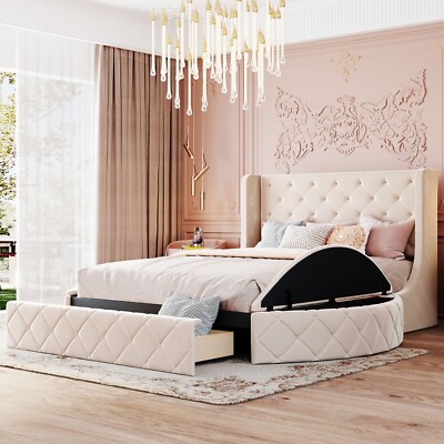 Queen Size Upholstered Platform Bed with Storage Drawer & Wingback Headboard