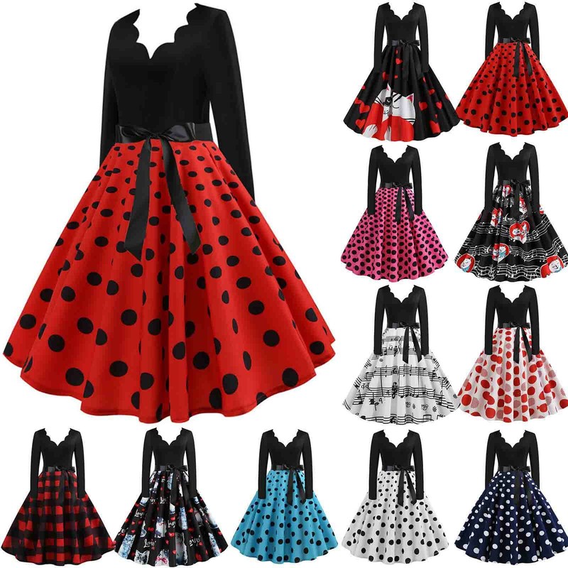 Damen V-neck 50er Jahre Rockabilly Langarm Petticoat Vintage Party Skater Kleid