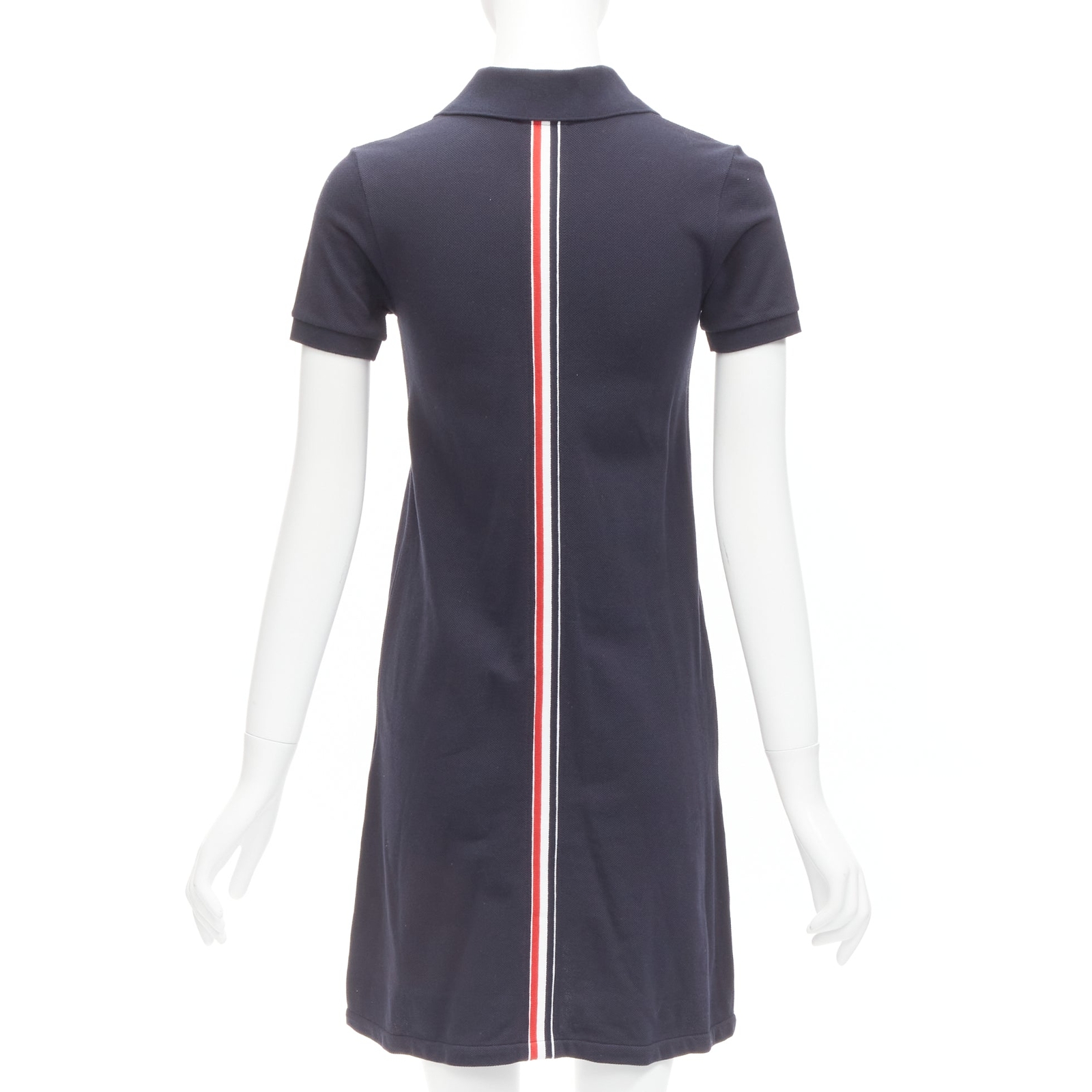 THOM BROWNE navy blue signature stripe webbing pique polo