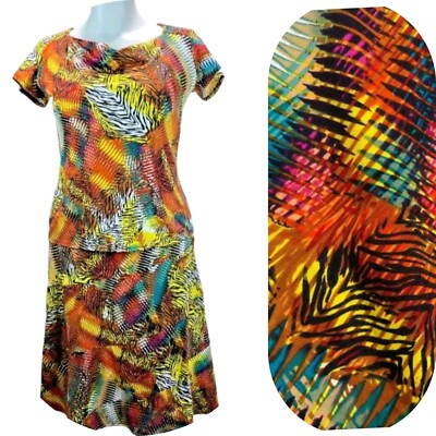 Notations Abstract Colorful Two Piece Top and Skirt Women's L Multi Short Sleeve
