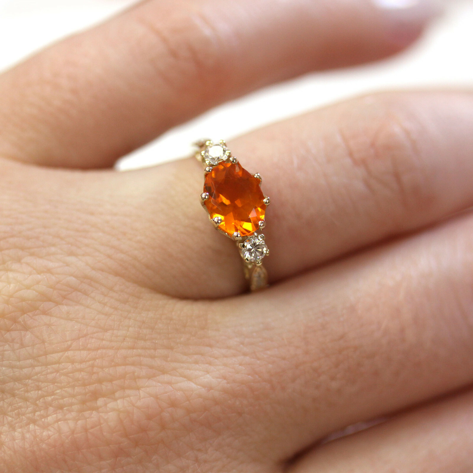 Pre-owned Jewelry By Arsa 1.1 Ctw Natural Orange Fire Opal & Diamond Solid 14k Yellow Gold Solitaire Ring