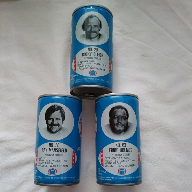 3 DIFFERENT VINTAGE Royal Crown Cola Cans NFL FOOTBALL BLEIER HOLMES MANSFIELD
