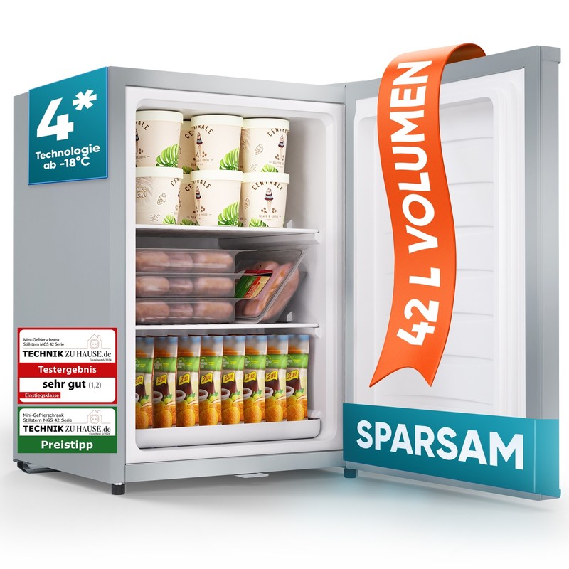 Mini-Gefrierschrank Mit Schloss E 42l, 4-Sterne, Leise, Gefrierbox, Silber