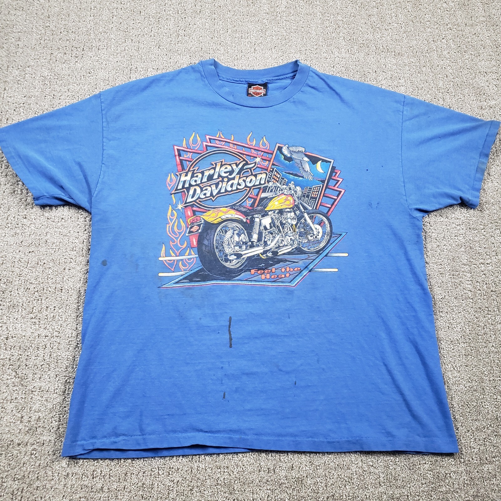 【Harley Davidson】90s USA製 FEEL THE HEAT Vtg HARLEY DAVIDSON Shirt Mens XXL Blue 90s Feel the Heat