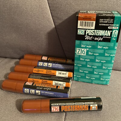 Pack of 6 Zig 15mm Posterman Broad Tip Wet Wipe Marker Brown PMA-770