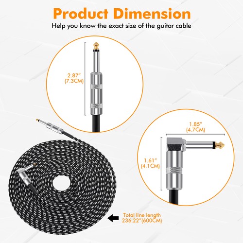 20ft Guitar Bass Instrument Patch Cable 1/4" Right-Angle Musical Cable Cord