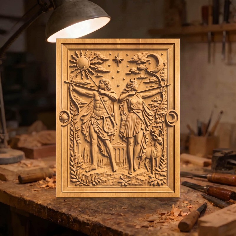 Apollo and Artemis Gods of Olympus Wooden Carving Bas Relief | Sculptural Gift