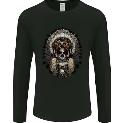 Native American Indian Skull Headdress Mens Long Sleeve T-Shirt