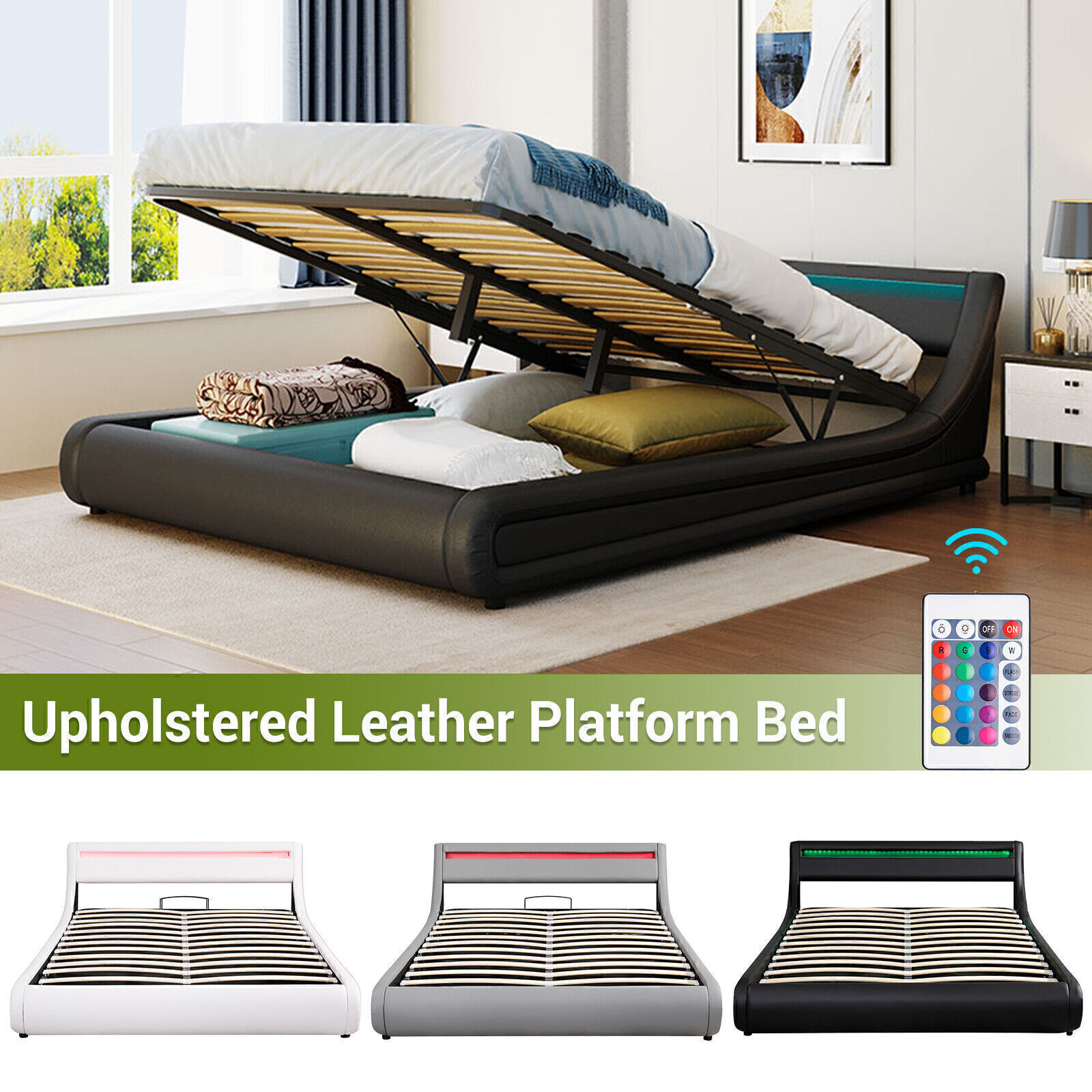 Faux Leather Gas Lift Storage Bed With Led Light