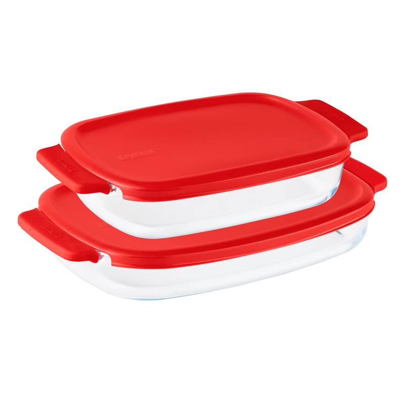 ® Ezhold™ 4-Piece Rectangular Glass Baking Dish Set with Red Plastic Lids